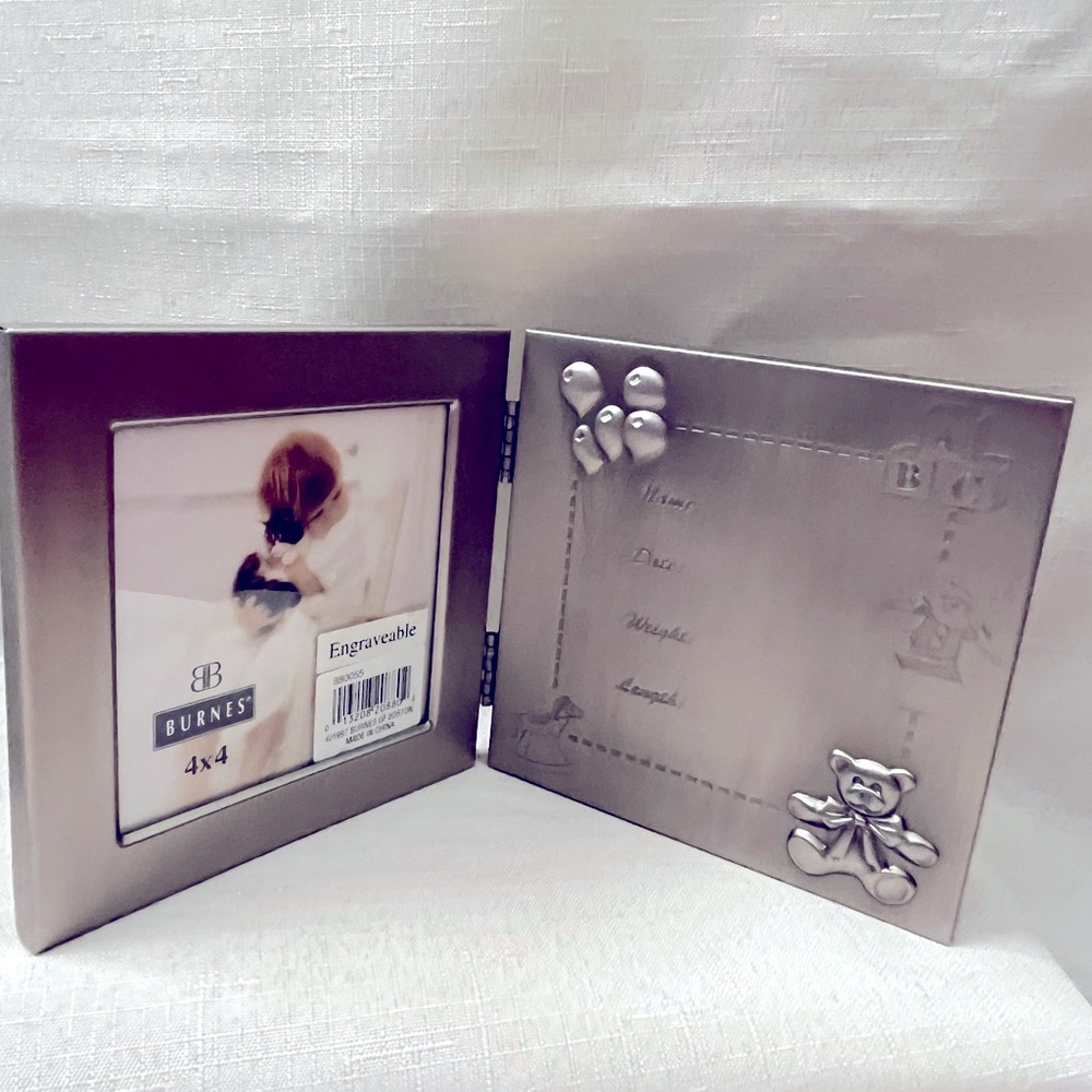 Burnes of Boston ENGRAVEABLE baby picture frame. Pewter “4x4” embossed bear.